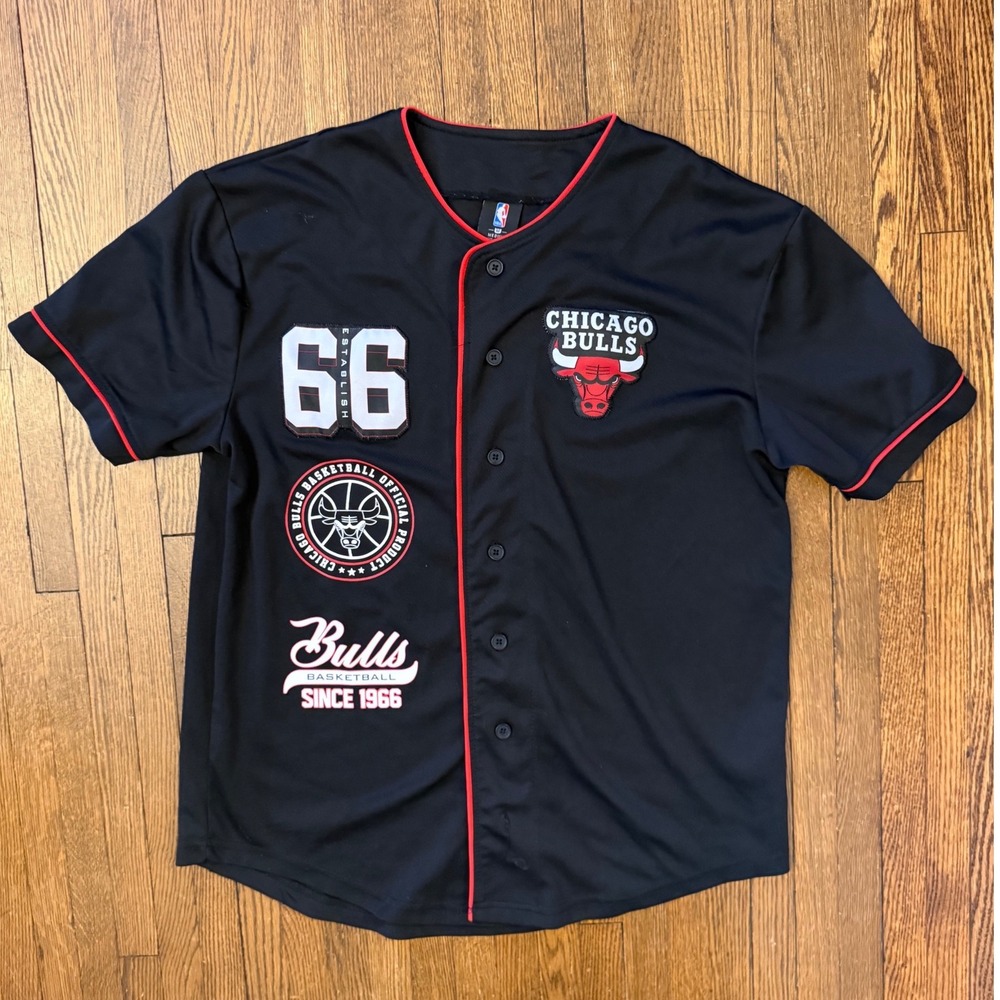 NBA Chicago Bulls Baseball Jersey Mens Medium Black Button Front Mesh Patches 66